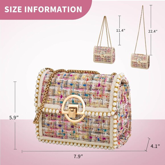 Pink Tweed Pearl Crossbody Bag for Women, Small Clutch with Chain Strap, Stylish - Picture 3 of 6